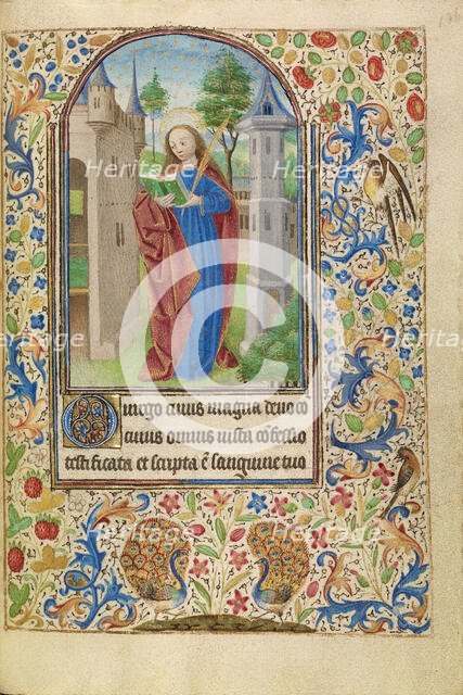 Saint Barbara with a Book and a Martyr's Palm before a Tower; Book of Hours, about 1466-1470. Creator: Master of Jacques of Luxembourg.