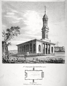 View and ground plan of the Church of St Peter Newington, Southwark, London, 1824. Artist: P Simonau