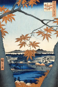 Maple Trees at Mama, Tekona Shrine and Linked Bridge, 1857. Creator: Ando Hiroshige.
