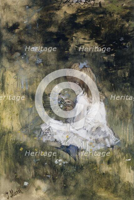 A Girl with Flowers on the Grass, 1878. Creator: Jacob Henricus Maris.