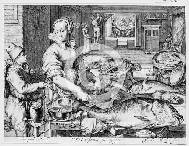 Kitchen Scene with Kitchen Maid Preparing Fish, Christ at Emmaus in the Background, fr..., ca. 1603. Creator: Jacob Matham.