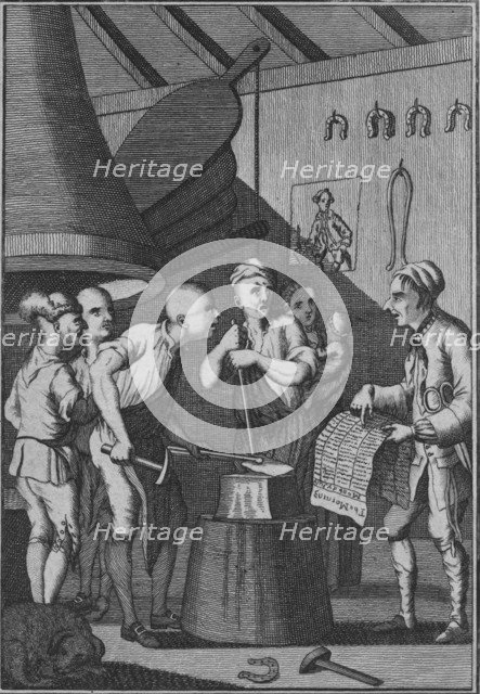 'The Blacksmith lets his Iron grow cold attending to the Taylor's News', 1772. Artist: Unknown.