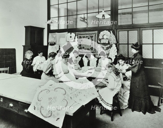 Bobbin lace and embroidery class, Northern Polytechnic, London, 1907.  Artist: Unknown.