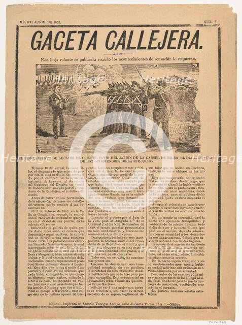Page from the periodical 'Gaceta Callejera' relating to the execution by firing squad of L..., 1892. Creator: José Guadalupe Posada.