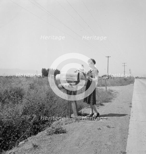 Mrs. Bouchey gets the morning mail, Washington, Yakima Valley, near Toppenish, 1939. Creator: Dorothea Lange.