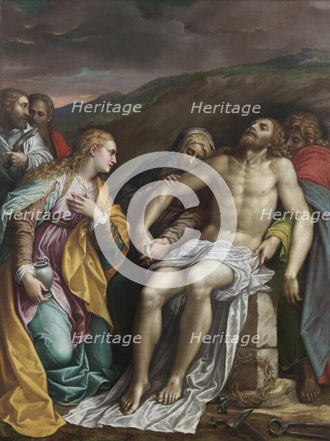 Lamentation over the dead Christ with Saints Bartholomew and Paul, c. 1570. Creator: Gambara, Lattanzio (c. 1530-1574).