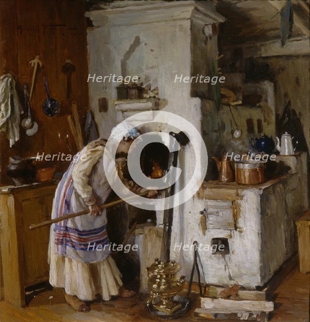 A new home dare. At the Stove, 1918. Artist: Makovsky, Alexander Vladimirovich (1869-1924)