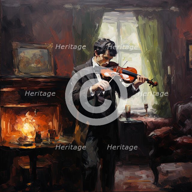 AI IMAGE - Sherlock Holmes playing the violin in his rooms at 221B Baker Street, 2023. Creator: Heritage Images.