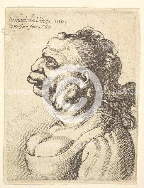 Bust of a woman wearing low-cut dress, with protruding lipd, growth on her forehead, promi..., 1660. Creator: Wenceslaus Hollar.