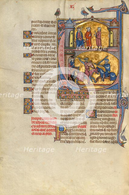 Initial E: An Equestrian Duel Between a Creditor and a Debtor; Vidal Mayor, about 1290-1310. Creators: Unknown, Michael Lupi de Çandiu.