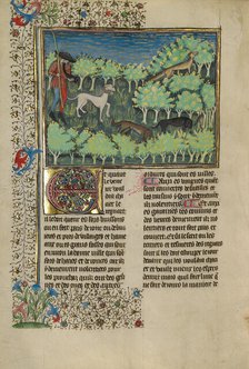 A Hunter and Dogs Pursuing a Fox; Livre de la Chasse, about 1430-1440. Creator: Unknown.