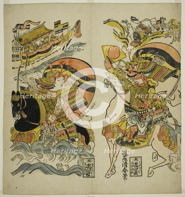 Kumagai Naozane and Taira no Atsumori at the battle of Ichi-no-tani, Japan, c. 1720. Creator: Kondo Kiyoharu.