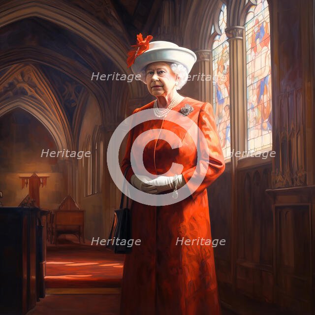 AI IMAGE - Portrait of Queen Elizabeth II inside a church, 2000s, (2023). Creator: Heritage Images.