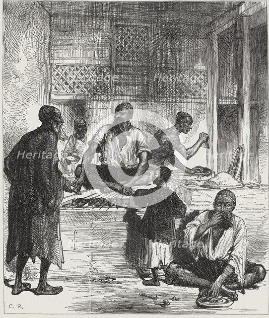 British-Afghan war, Afghan scenes, grocery shop in a Kabul market, engraving from 1878.