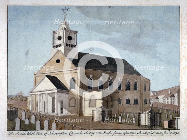 South-west view of the Church of St Mary Newington, Newington Butts, Southwark, London, 1798. Artist: Anon