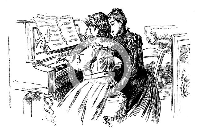 Young girl being given a piano lesson, Paris, 1889. Artist: Unknown