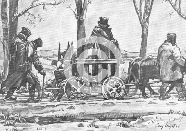 ''La Retraite Serbie; transport de blesses sur une charrette macedonienne.', 1916. Creator: Vladimir Betzitch.