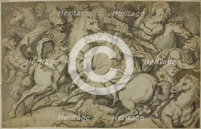 Cavalry Skirmish (recto); Kneeling Ecorché (verso), 1530/39. Creator: Francesco Salviati.