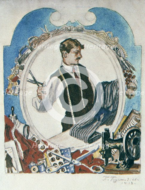 'The Tailor', 1918.  Artist: Boris Mikhajlovich Kustodiev 