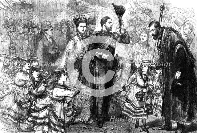 Strewing flowers before the Duke and Duchess of Edinburgh at Gravesend, 1874. Creator: Unknown.