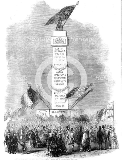 The Peace Commemoration at Portsmouth - Triumphal Monument on Southsea Common, 1856.  Creator: Unknown.