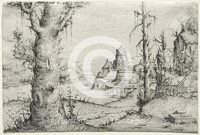 River landscape with large tree at left, 1546. Creator: Augustin Hirschvogel (German, 1503-1553).