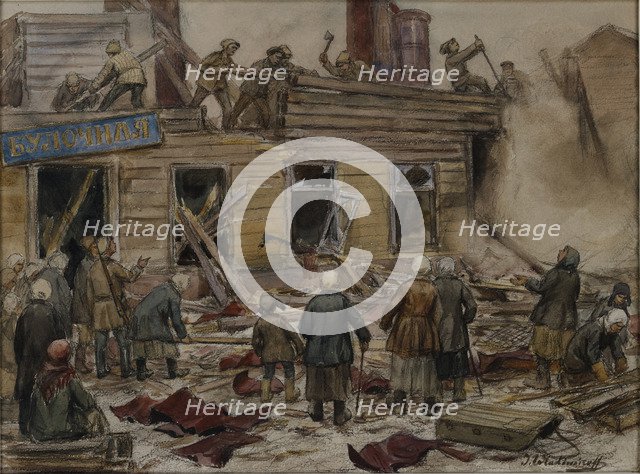 Workmen demolishing wooden houses for fuel , 1920.