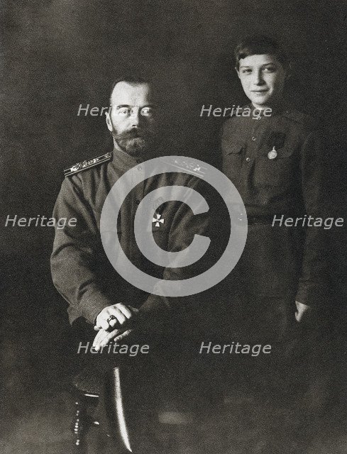 Nicholas II, Tsar of Russia and his son, Alexei, in military uniform, 1915. Artist: Unknown