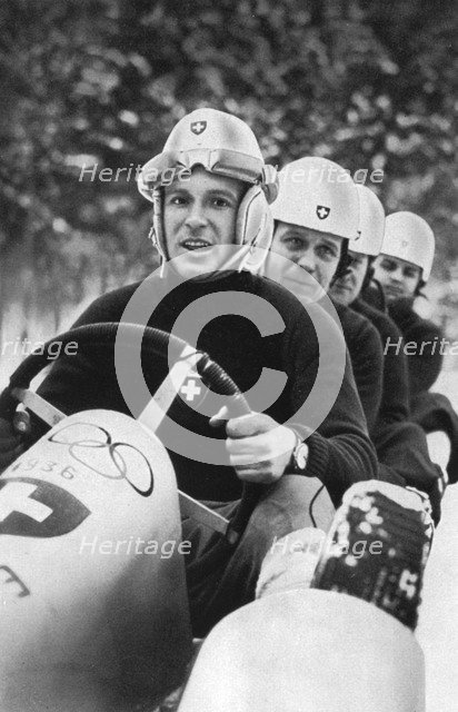 Swiss four man bobsleigh team, Winter Olympic Games, Garmisch-Partenkirchen, Germany, 1936. Artist: Unknown
