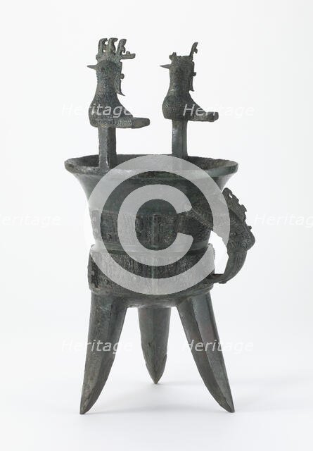 Ritual wine warmer (jia) with taotie and birds, Late Shang dynasty, ca. 1400-1250 BCE. Creator: Unknown.