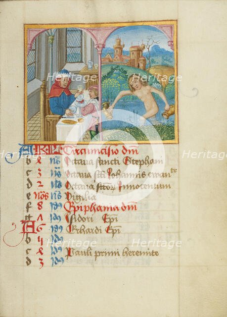 January Calendar Page; Feasting; Aquarius; Book of Hours, early 16th century. Creator: Unknown.
