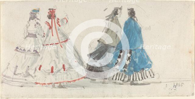 Four Ladies in Crinolines Walking at Trouville, 1865. Creator: Eugene Louis Boudin.