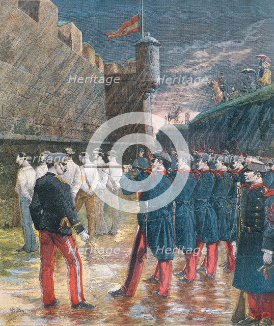 Execution by firing squad in the moats of the Castle of Montjuic, six anarchists participants in …
