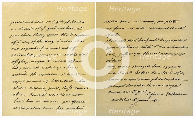 Letter from Francois Marie Arouet de Voltaire to George Keat, 16th January 1760.Artist: Voltaire