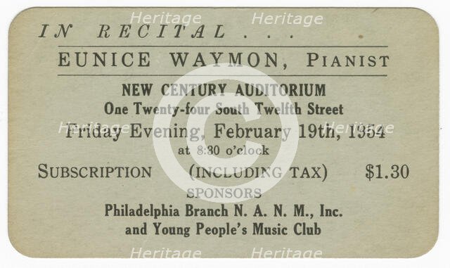 Promotional card for a piano recital given by Eunice Waymon (Nina Simone), 1954. Creator: Unknown.