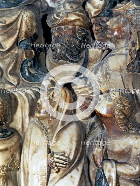 Altarpiece in polychromed alabaster from the main altar or Santa Tecla altar. Predella detail wit…