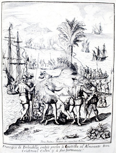 Francisco de Bobadilla arresting Christopher Columbus and his brothers, engraving in the work 'De…