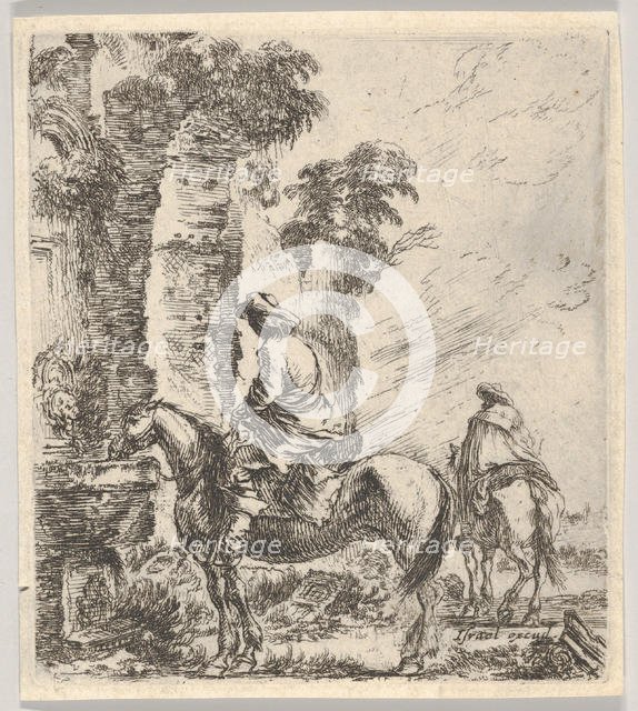 Plate 19: a rider making his horse drink from a basin of a fountain at left, another h..., ca. 1646. Creator: Stefano della Bella.