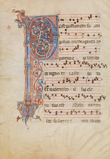 Manuscript Leaf with Foliated Initial P, from an Antiphonary, Italian, ca. 1250-60. Creator: Unknown.