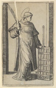 Saint Lawrence, left hand resting on a grill, from the series 'Piccoli Santi' (Sm..., ca. 1500-1527. Creator: Marcantonio Raimondi.