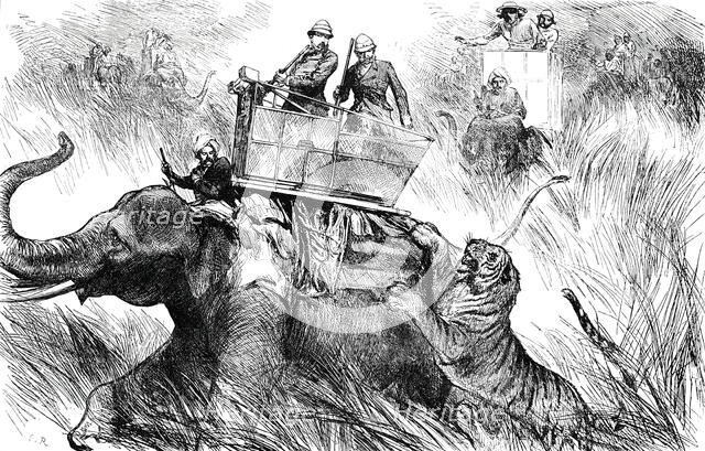 The Prince of Wales's Elephant charged by a Tiger, 1876. Creator: C.R..