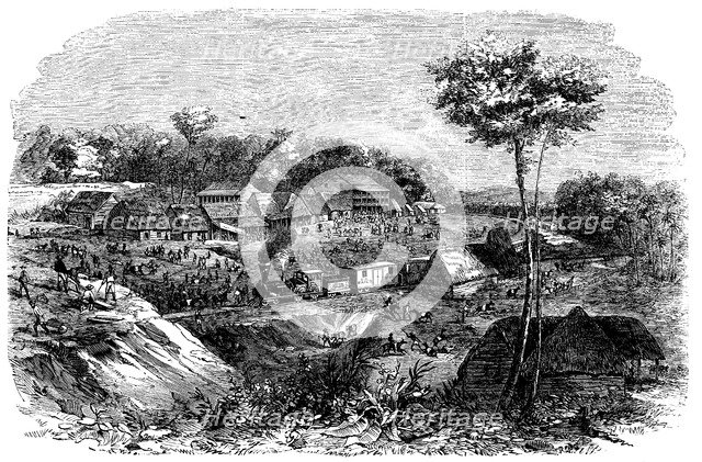 Railway in Panama, Culebra Station, March 1855, vintage engraving.