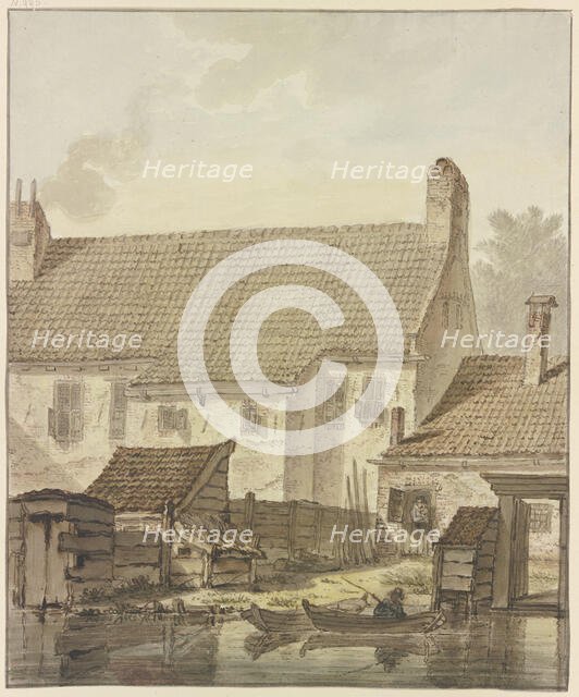 Row of houses by the water, two boats with a fisherman in front. Creator: Johannes H. Knoop.