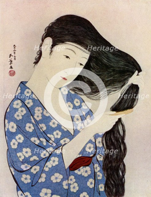 A Japanese woman combing her hair, 1920 (1930).Artist: Hashiguchi Goyo