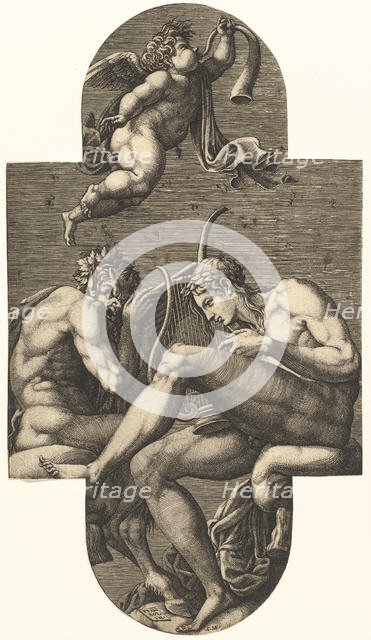Apollo, Pan, and a putto blowing a horn, from a series of eight compositions after France..., 1560s. Creator: Giorgio Ghisi.