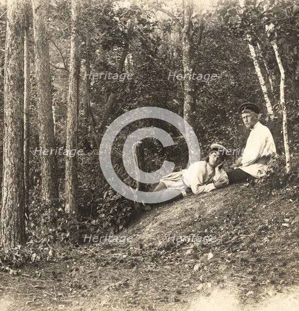 Survey engineers N.N. Vylezhinsky and A.M. Vikhman on vacation in the forest, 1909. Creator: Vladimir Ivanovich Fedorov.