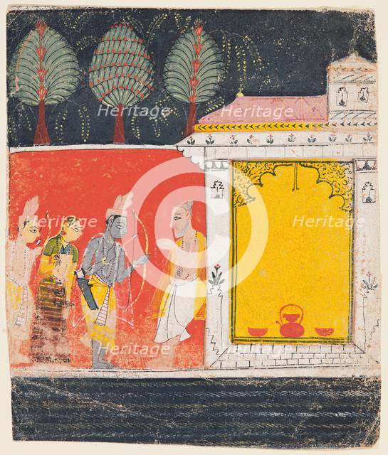 A page from a Ramayana: A night scene of Rama, Lakshman and Sita before the rishi..., c. 1650. Creator: Unknown.