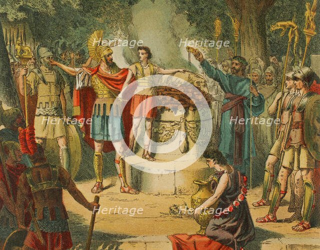 Hannibal in the Temple of Carthage with his father Hamilcar Barca..., 1881. Creator: Unknown.