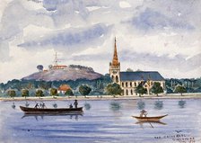 Singapore: view across the harbour to Fort Canning and the cathedral, 1879. Creator: John Edmund Taylor.