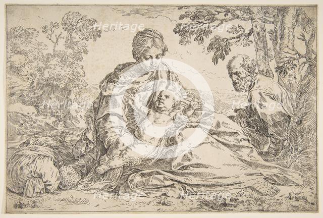 Rest on the flight into Egypt, Mary holding the infant Christ with St. Joseph at right, ca. 1640. Creator: Simone Cantarini.